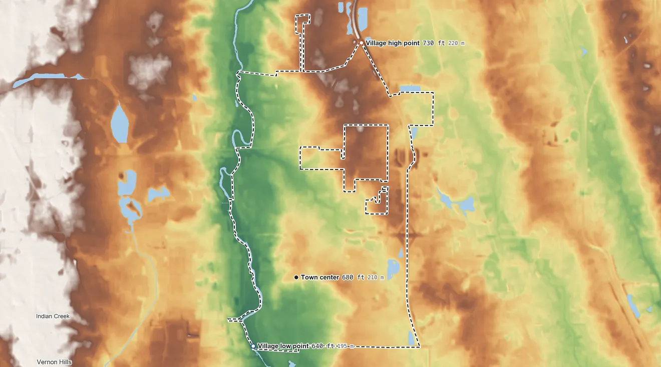 Topographic elevation map of Mettawa, Illinois, shaded from 640 ft on the southwest side to 730 ft on the north side