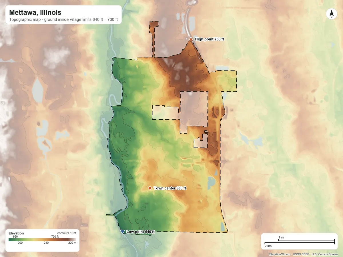 Topographic elevation map of Mettawa, Illinois, shaded from 640 ft on the southwest side to 730 ft on the north side