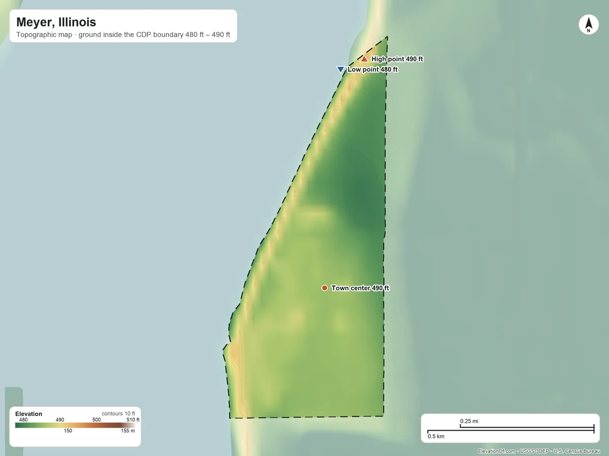 Topographic elevation map of Meyer, Illinois, shaded from 480 ft on the north side to 490 ft on the north side