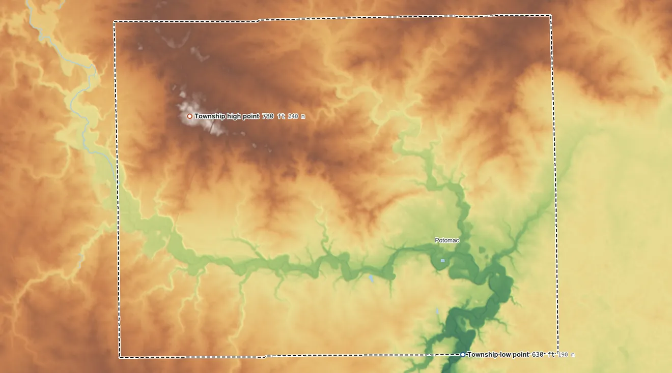 Topographic elevation map of Middlefork Township, Illinois, shaded from 630 ft on the southeast side to 780 ft on the northwest side