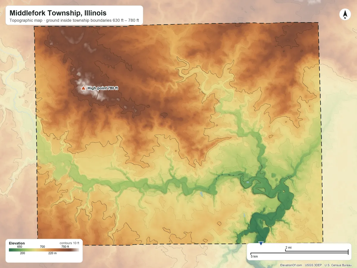 Topographic elevation map of Middlefork Township, Illinois, shaded from 630 ft on the southeast side to 780 ft on the northwest side