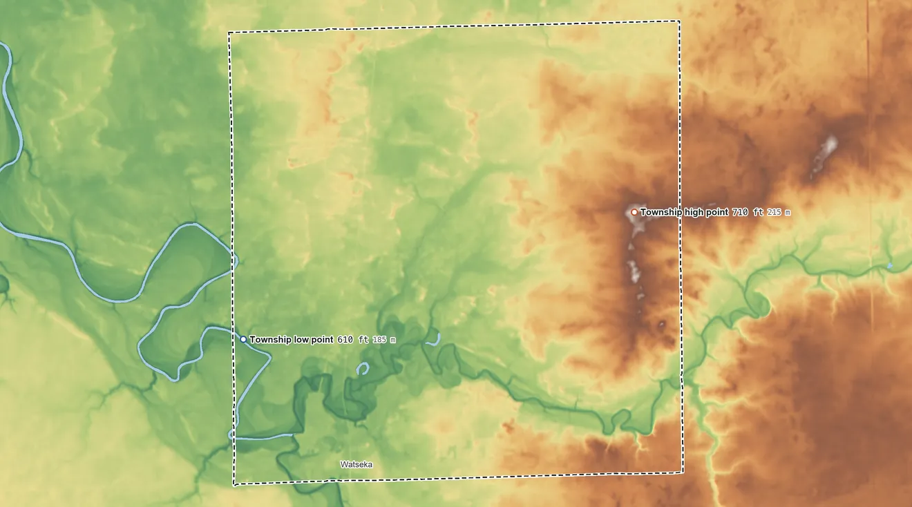 Topographic elevation map of Middleport Township, Illinois, shaded from 610 ft on the northwest side to 710 ft on the northeast side