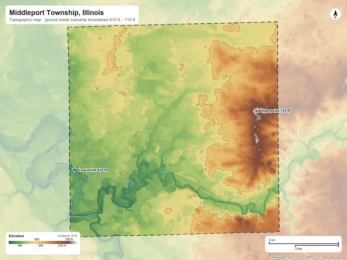 Topographic elevation map of Middleport Township, Illinois, shaded from 610 ft on the northwest side to 710 ft on the northeast side