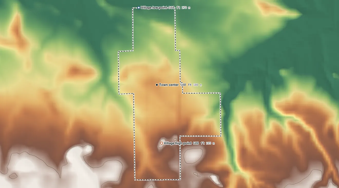 Topographic elevation map of Middletown, Illinois, shaded from 560 ft on the north side to 600 ft on the south side