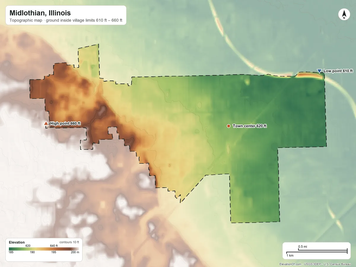 Topographic elevation map of Midlothian, Illinois, shaded from 610 ft on the northeast side to 660 ft on the west side