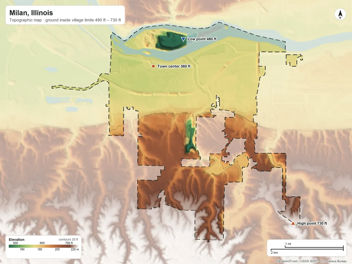 Topographic elevation map of Milan, Illinois, shaded from 480 ft on the northeast side to 730 ft on the southeast side