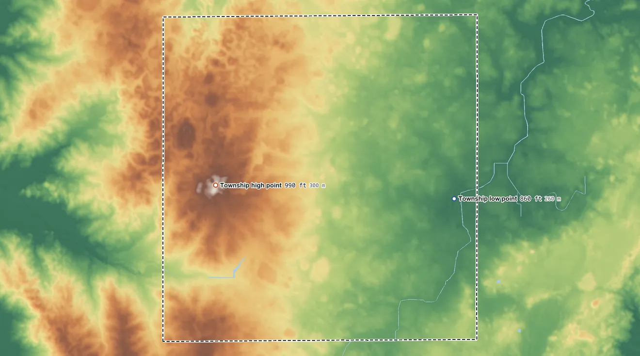 Topographic elevation map of Milan Township, Illinois, shaded from 860 ft on the southeast side to 990 ft on the west side
