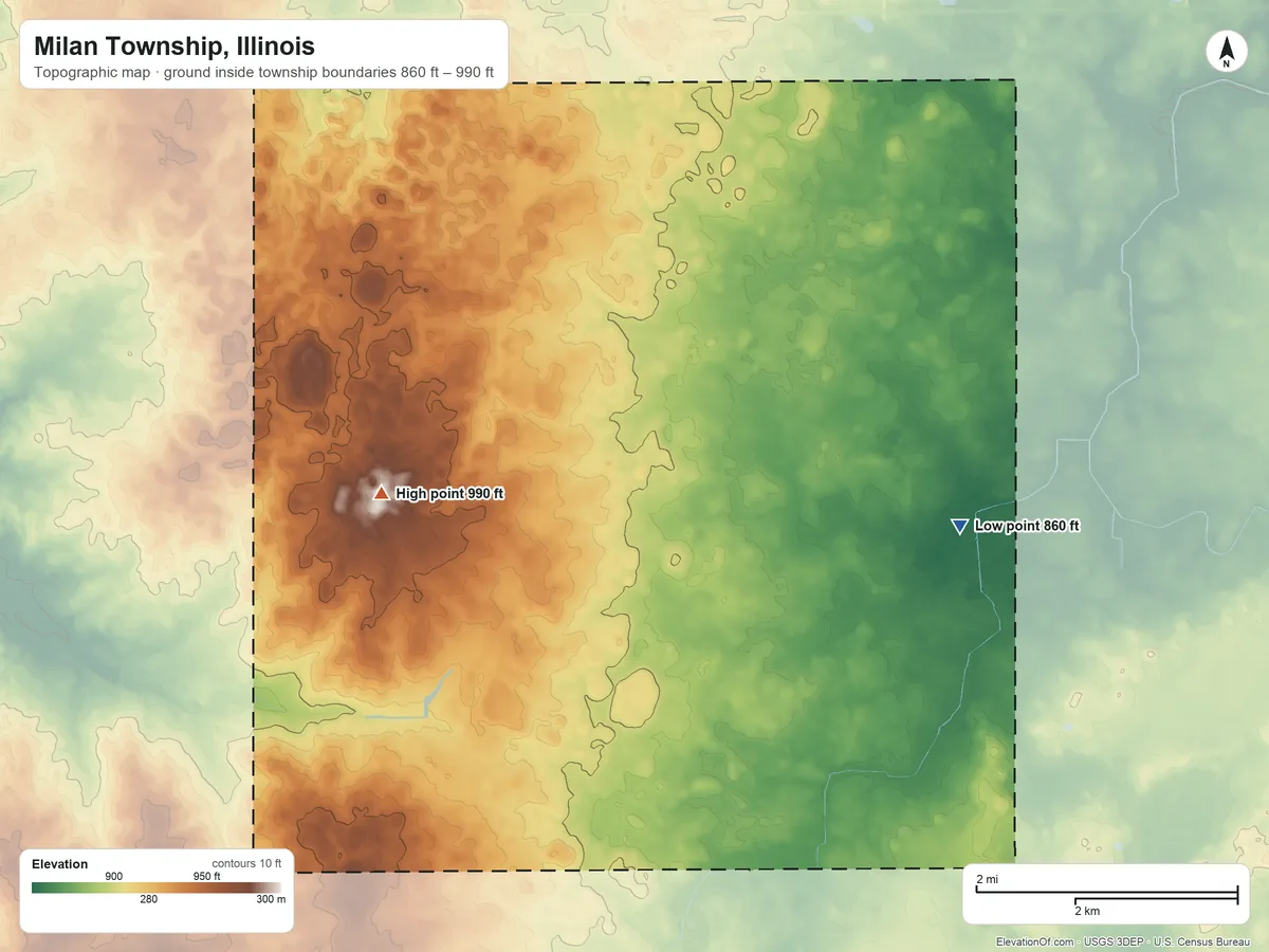Topographic elevation map of Milan Township, Illinois, shaded from 860 ft on the southeast side to 990 ft on the west side