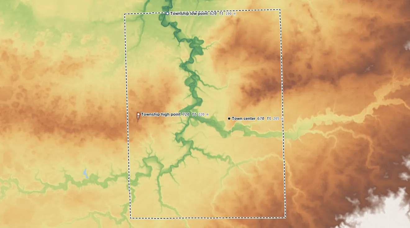 Topographic elevation map of Milford Township, Illinois, shaded from 620 ft on the northwest side to 720 ft on the west side