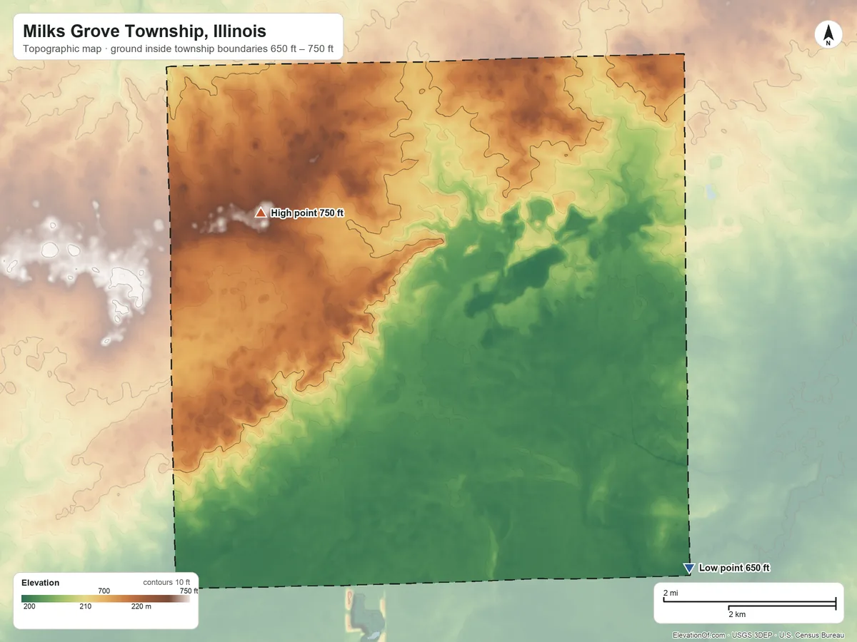 Topographic elevation map of Milks Grove Township, Illinois, shaded from 650 ft on the southeast side to 750 ft on the west side