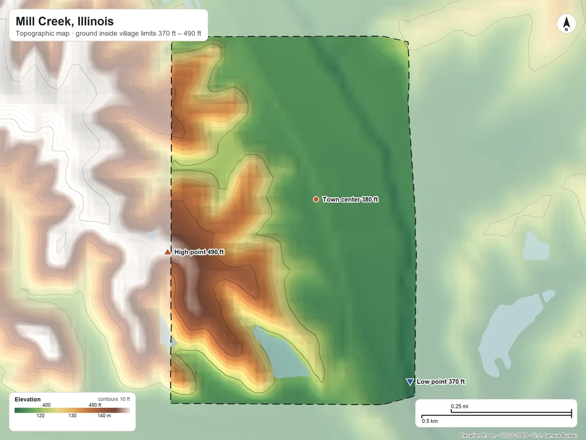 Topographic elevation map of Mill Creek, Illinois, shaded from 370 ft on the southeast side to 490 ft on the west side