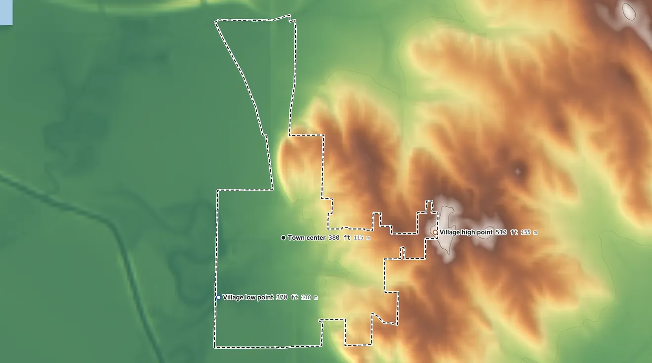 Topographic elevation map of Mill Shoals, Illinois, shaded from 370 ft on the southwest side to 510 ft on the east side