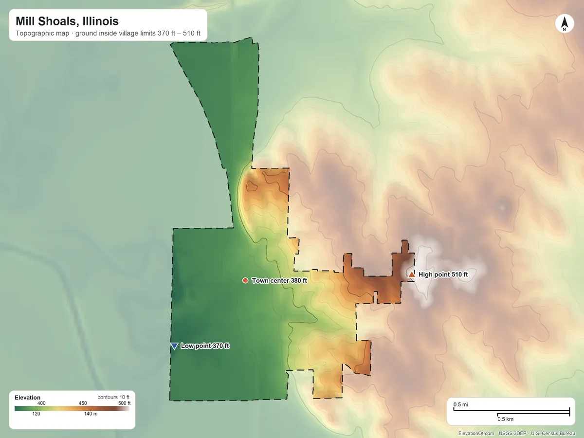 Topographic elevation map of Mill Shoals, Illinois, shaded from 370 ft on the southwest side to 510 ft on the east side