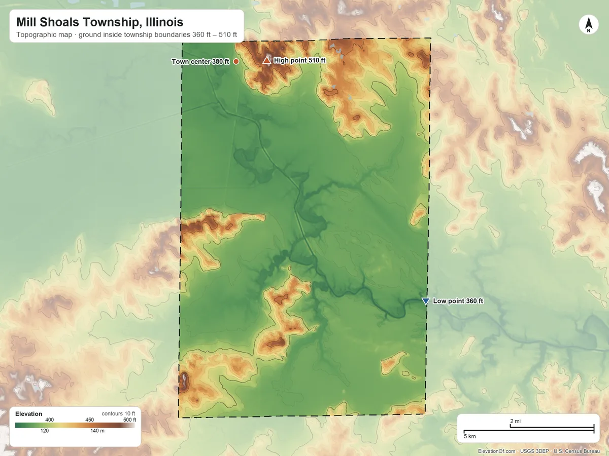 Topographic elevation map of Mill Shoals Township, Illinois, shaded from 360 ft on the southeast side to 510 ft near the middle