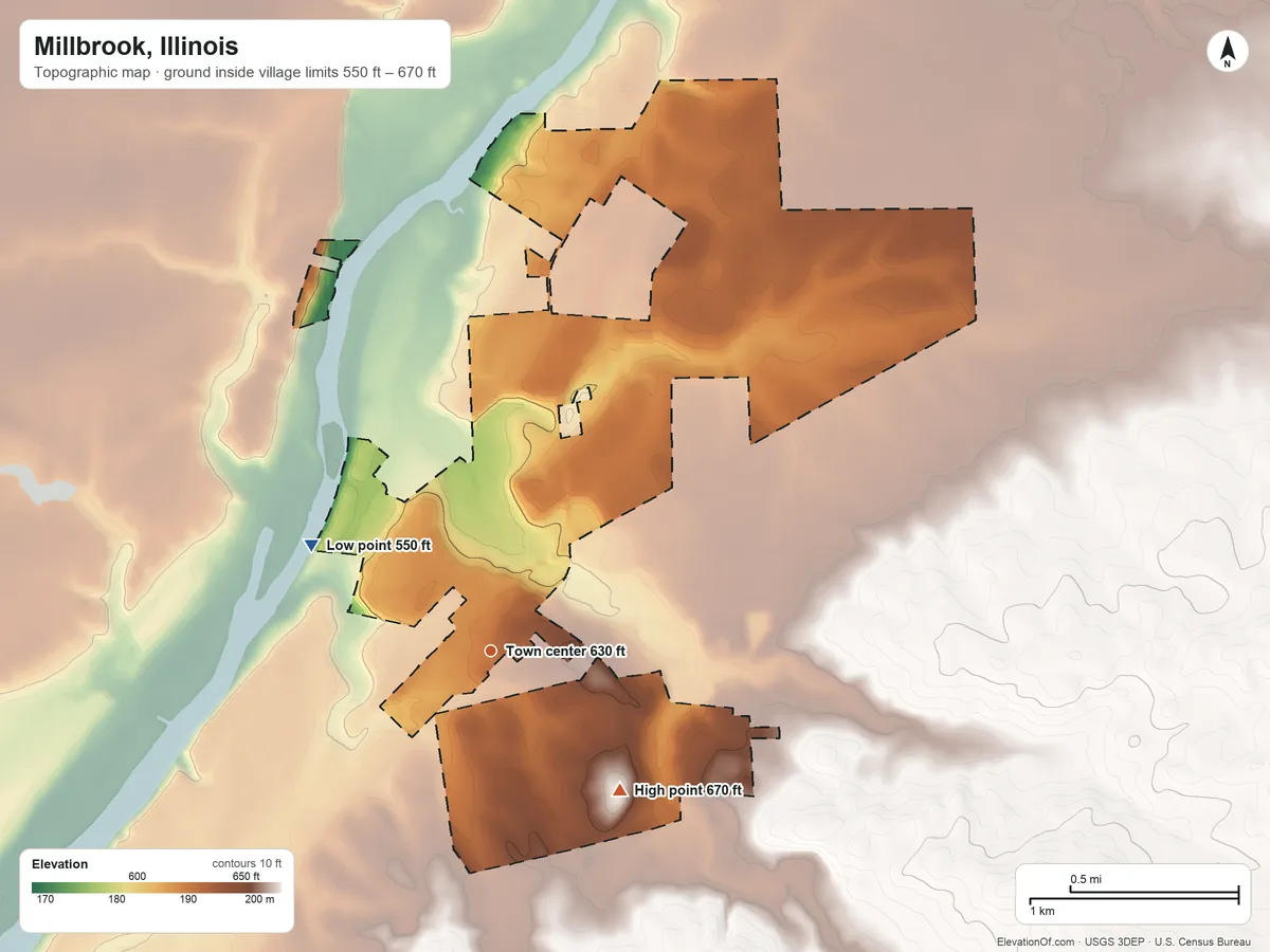 Topographic elevation map of Millbrook, Illinois, shaded from 550 ft on the northwest side to 670 ft on the southeast side