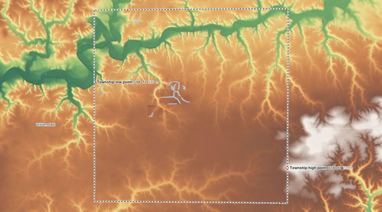 Topographic elevation map of Millbrook Township, Illinois, shaded from 590 ft on the west side to 770 ft on the southeast side