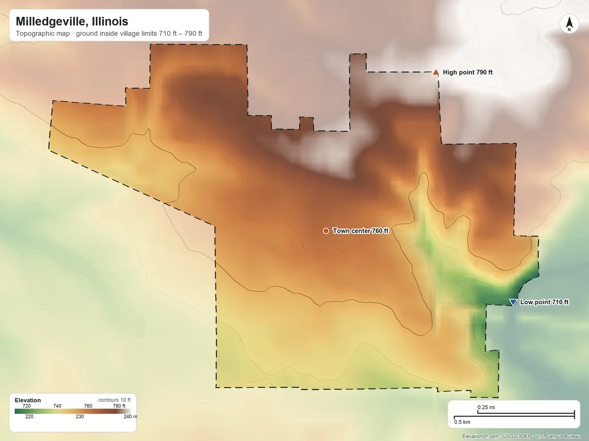 Topographic elevation map of Milledgeville, Illinois, shaded from 710 ft on the east side to 790 ft on the northeast side