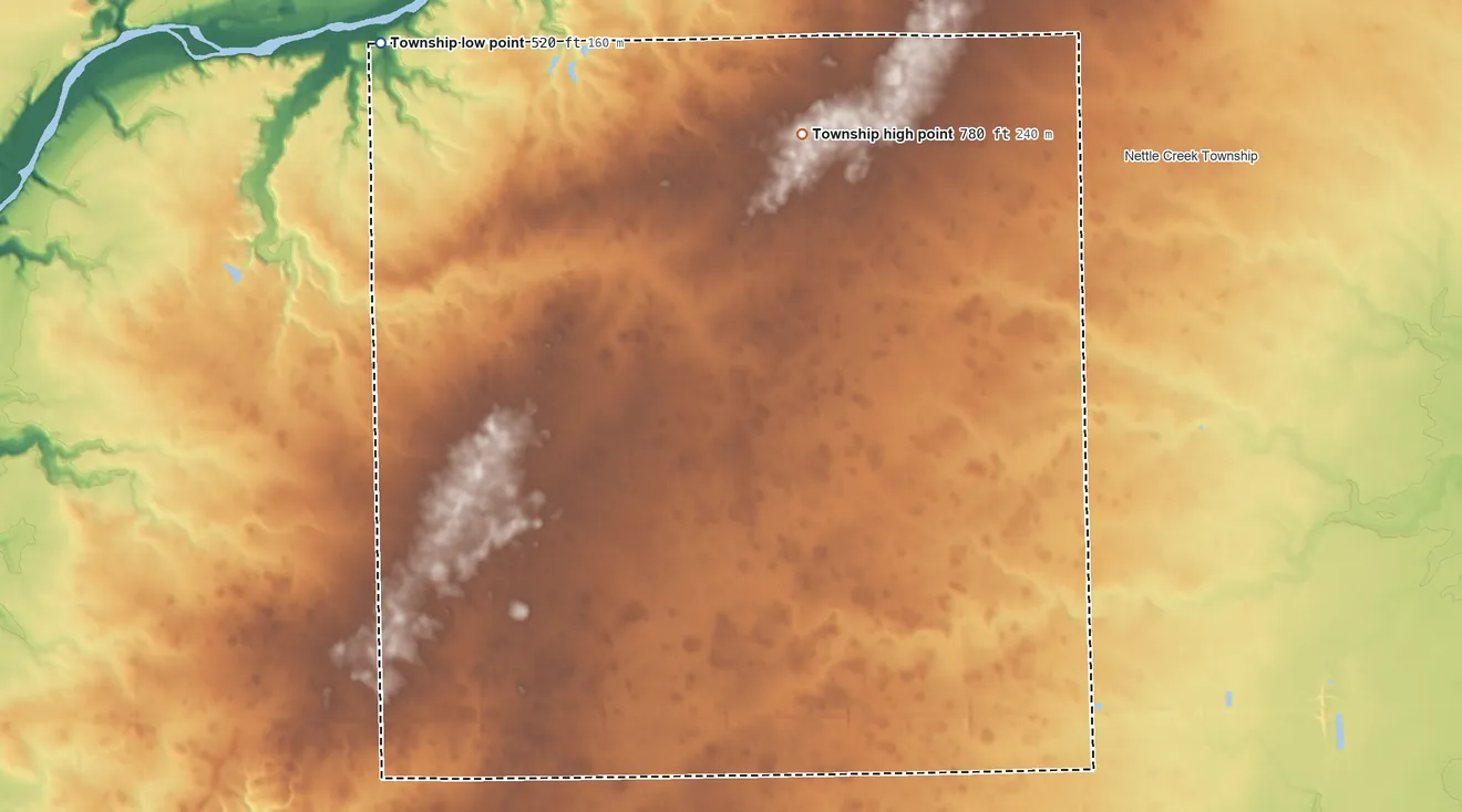 Topographic elevation map of Miller Township, Illinois, shaded from 520 ft on the northwest side to 780 ft on the north side