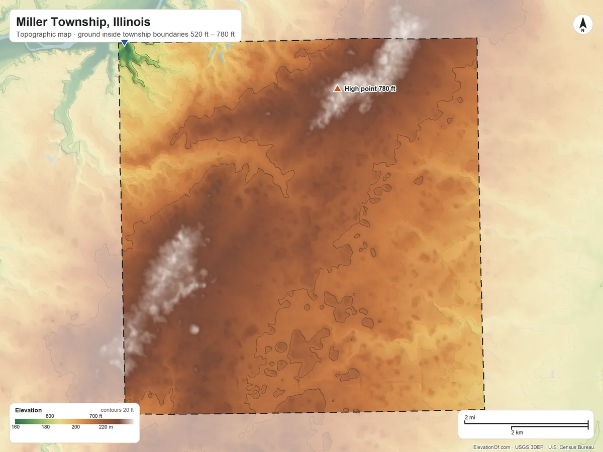 Topographic elevation map of Miller Township, Illinois, shaded from 520 ft on the northwest side to 780 ft on the north side