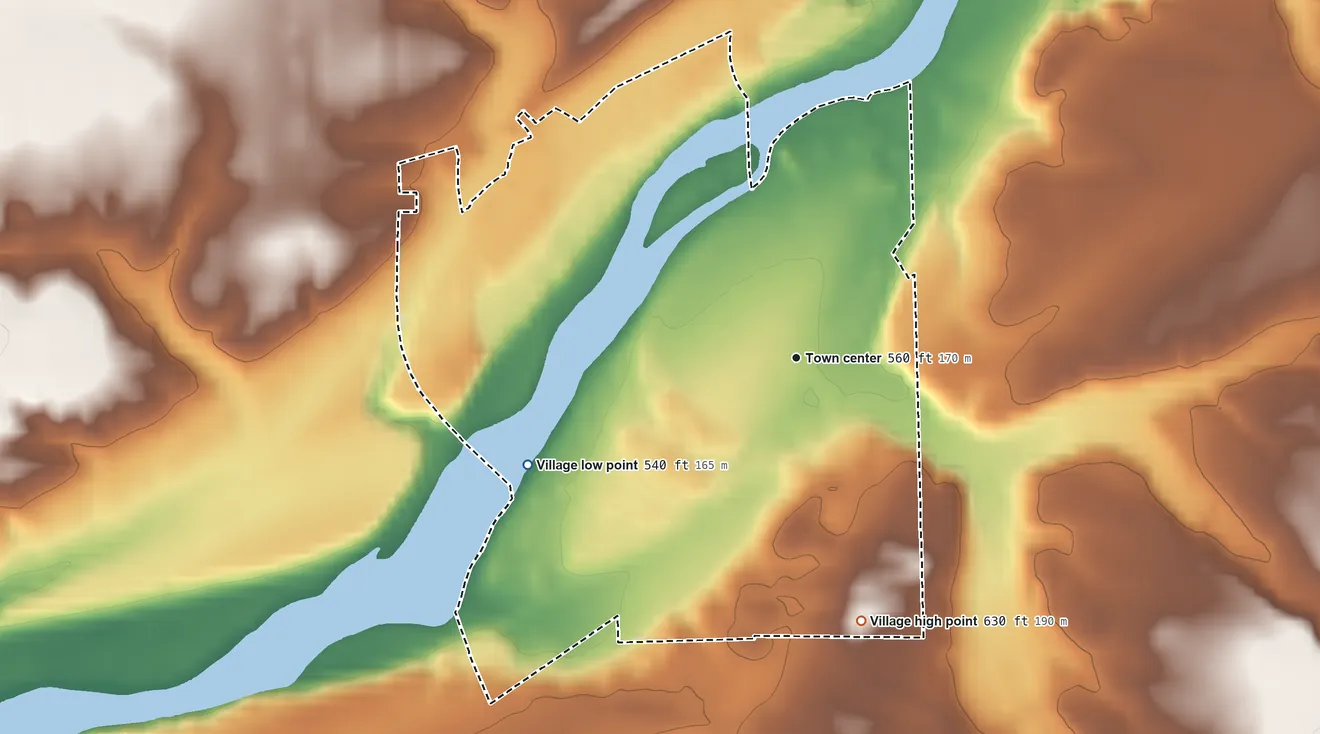 Topographic elevation map of Millington, Illinois, shaded from 540 ft on the west side to 630 ft on the south side