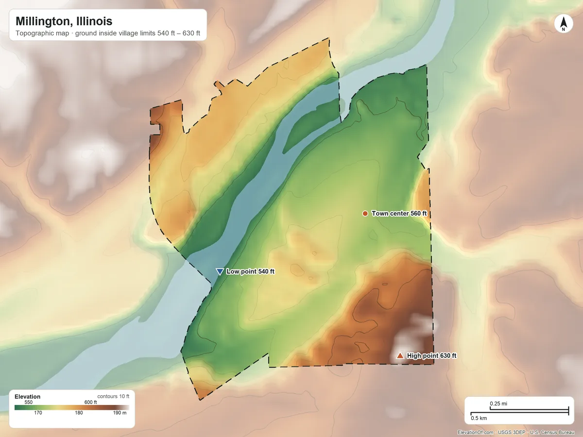 Topographic elevation map of Millington, Illinois, shaded from 540 ft on the west side to 630 ft on the south side