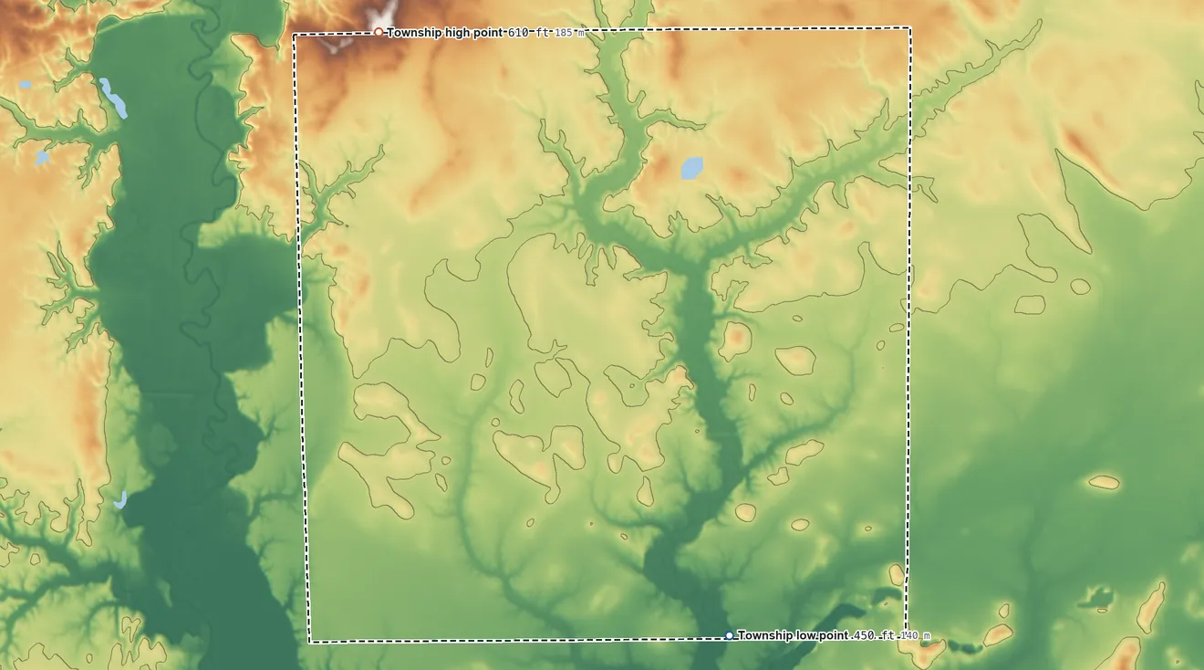 Topographic elevation map of Mills Township, Illinois, shaded from 450 ft on the south side to 610 ft on the northwest side