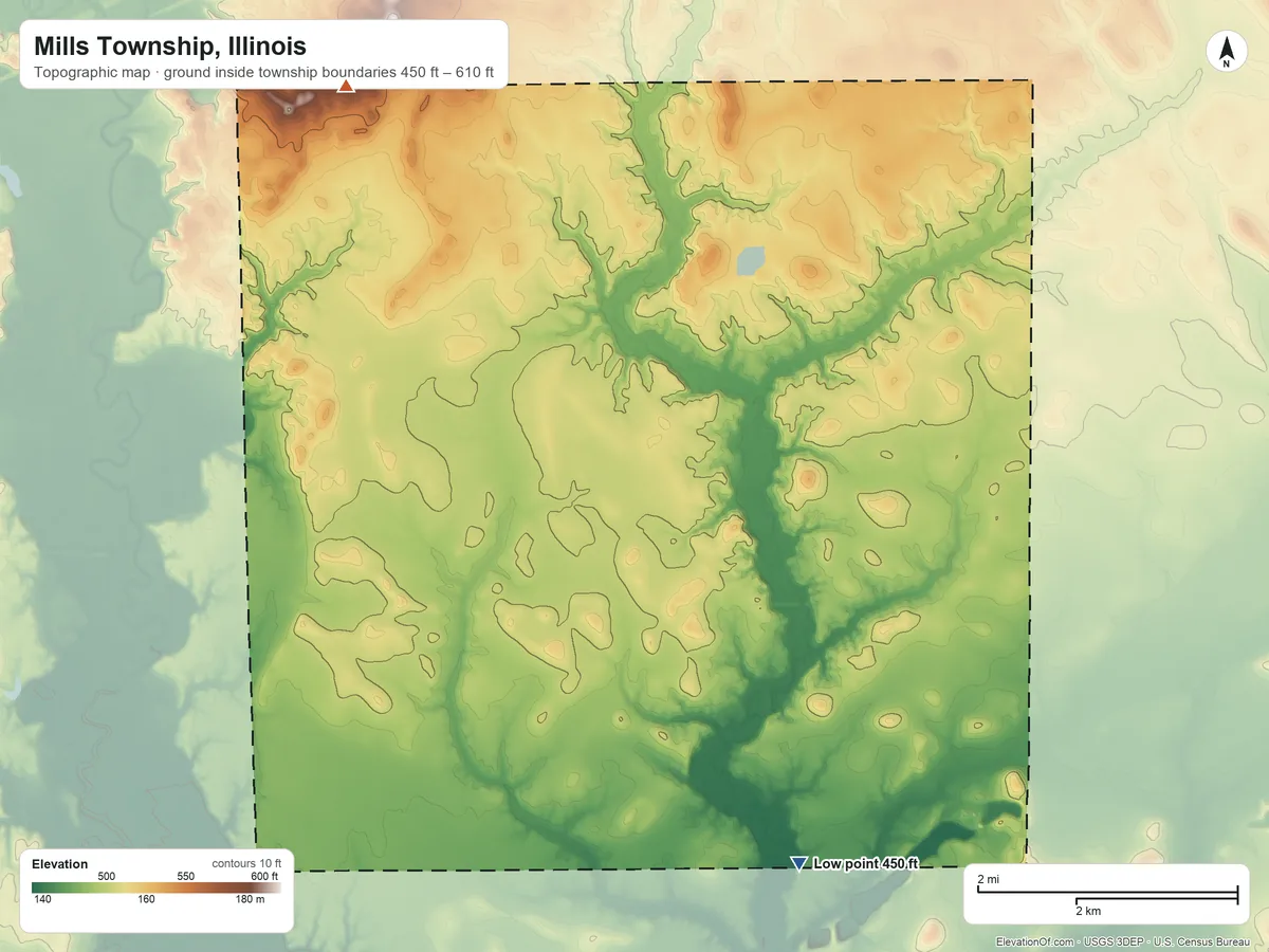 Topographic elevation map of Mills Township, Illinois, shaded from 450 ft on the south side to 610 ft on the northwest side