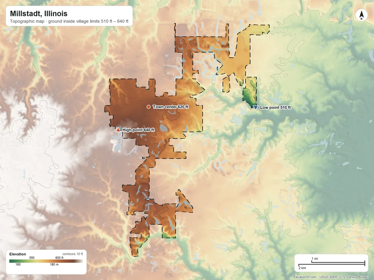 Topographic elevation map of Millstadt, Illinois, shaded from 510 ft on the east side to 640 ft on the southwest side