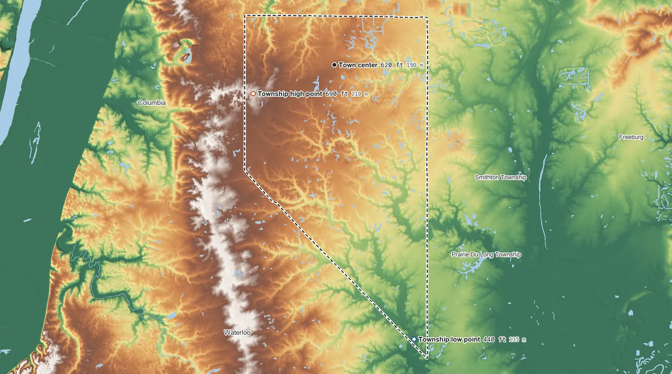 Topographic elevation map of Millstadt Township, Illinois, shaded from 440 ft on the south side to 690 ft on the west side