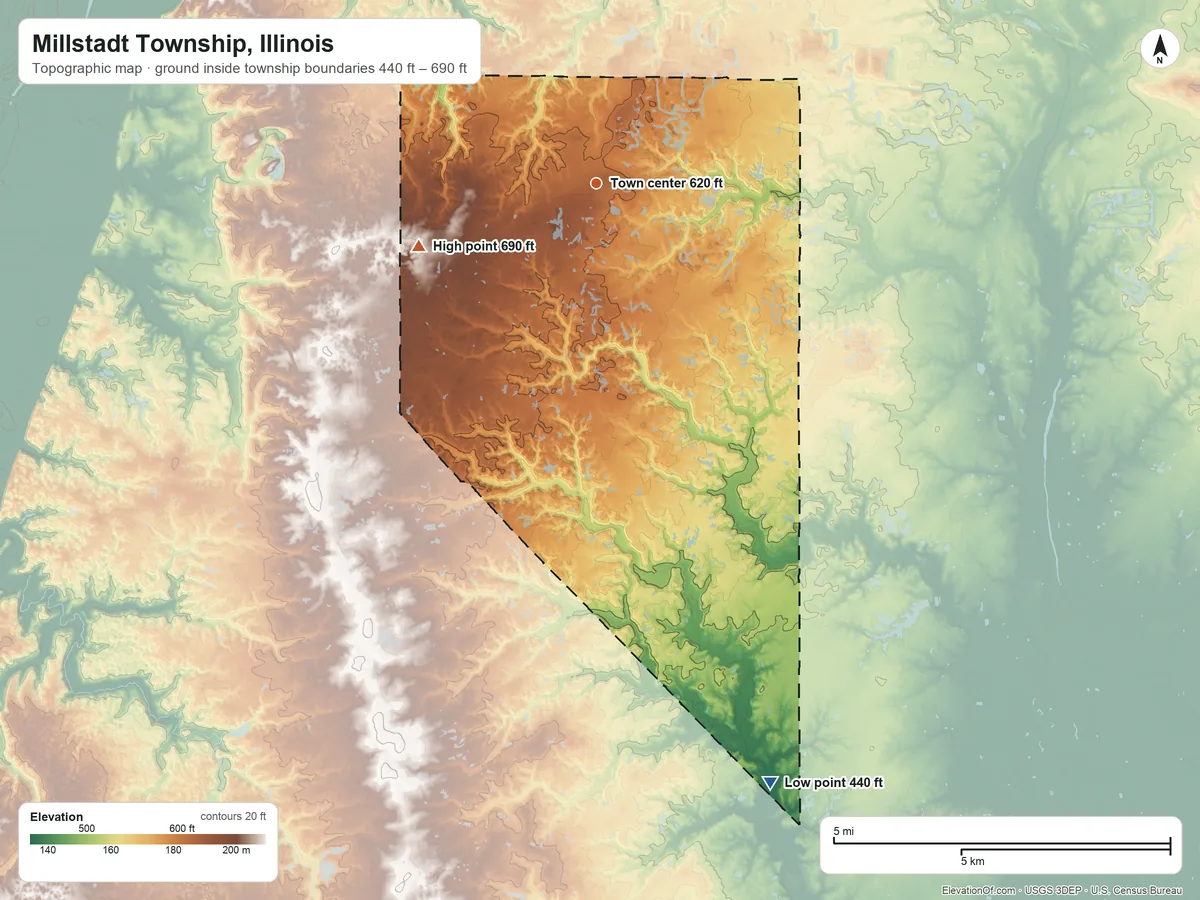Topographic elevation map of Millstadt Township, Illinois, shaded from 440 ft on the south side to 690 ft on the west side