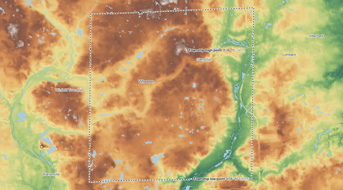 Topographic elevation map of Milton Township, Illinois, shaded from 670 ft on the south side to 810 ft on the northeast side