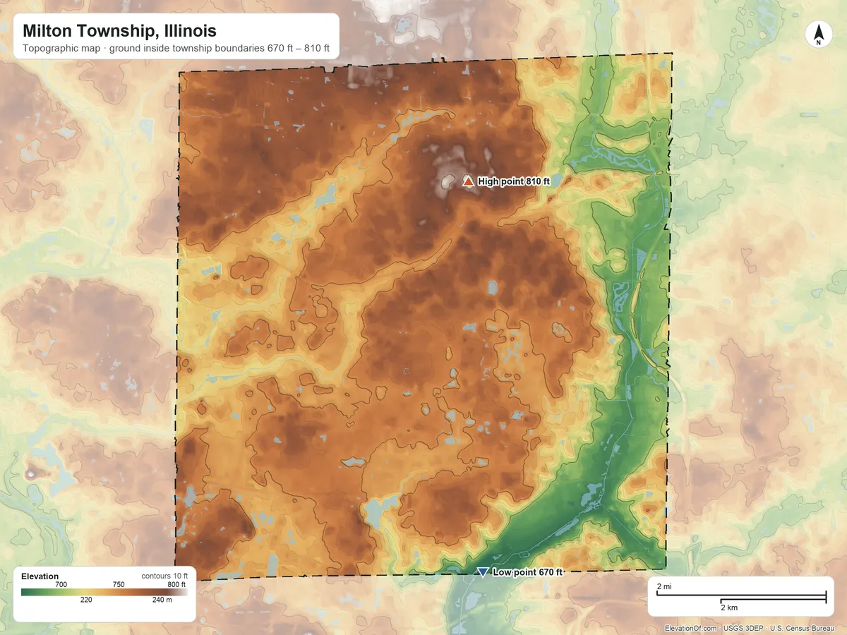 Topographic elevation map of Milton Township, Illinois, shaded from 670 ft on the south side to 810 ft on the northeast side
