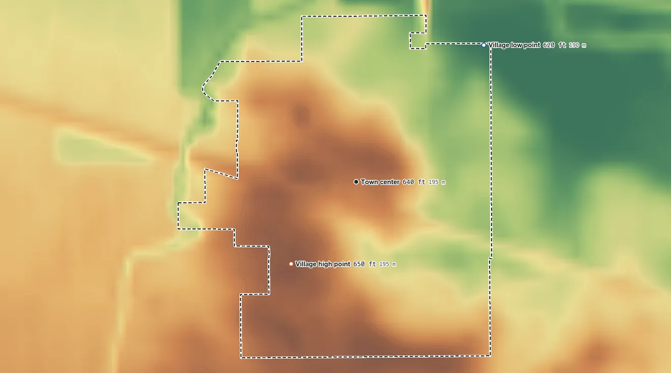 Topographic elevation map of Mineral, Illinois, shaded from 620 ft on the northeast side to 650 ft on the southwest side