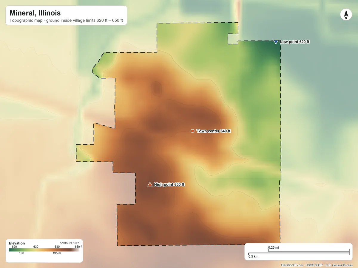Topographic elevation map of Mineral, Illinois, shaded from 620 ft on the northeast side to 650 ft on the southwest side