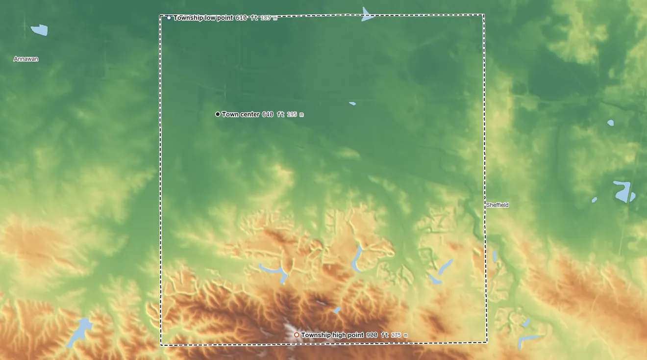 Topographic elevation map of Mineral Township, Illinois, shaded from 610 ft on the northwest side to 900 ft on the south side