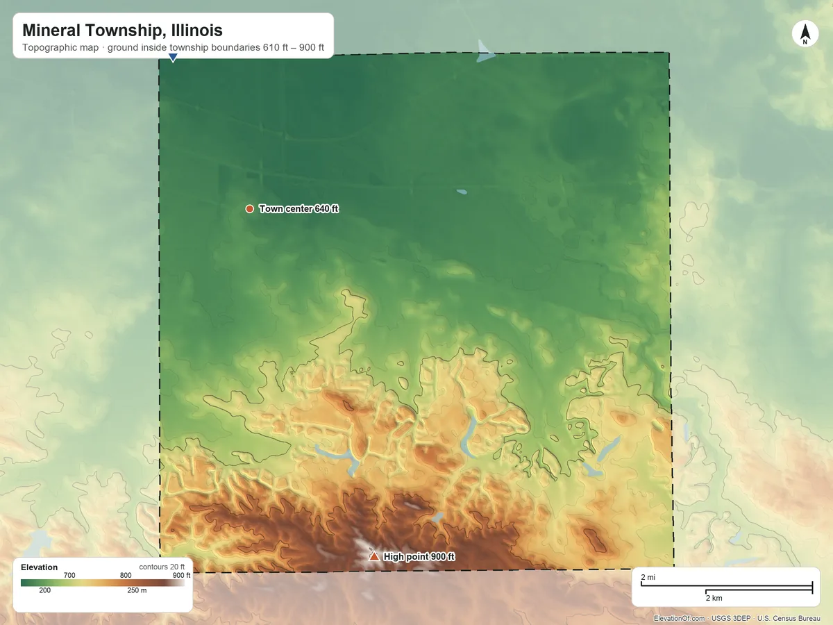 Topographic elevation map of Mineral Township, Illinois, shaded from 610 ft on the northwest side to 900 ft on the south side