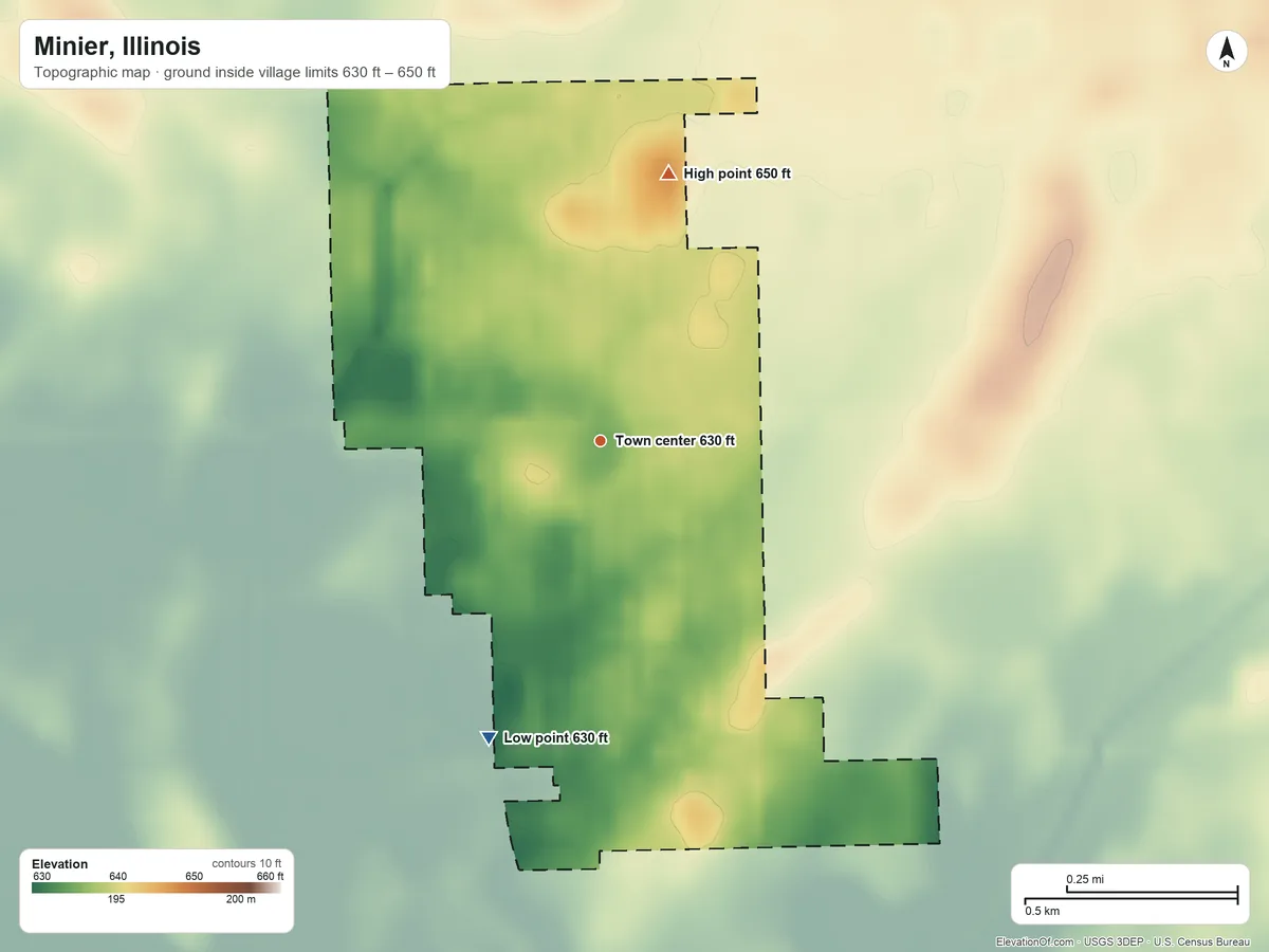 Topographic elevation map of Minier, Illinois, shaded from 630 ft on the south side to 650 ft on the north side