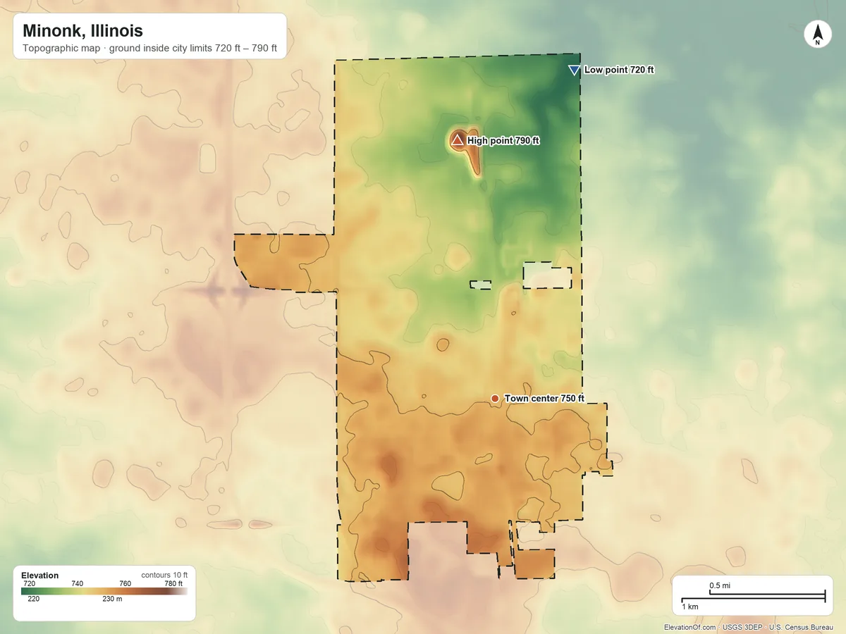 Topographic elevation map of Minonk, Illinois, shaded from 720 ft on the north side to 790 ft on the north side