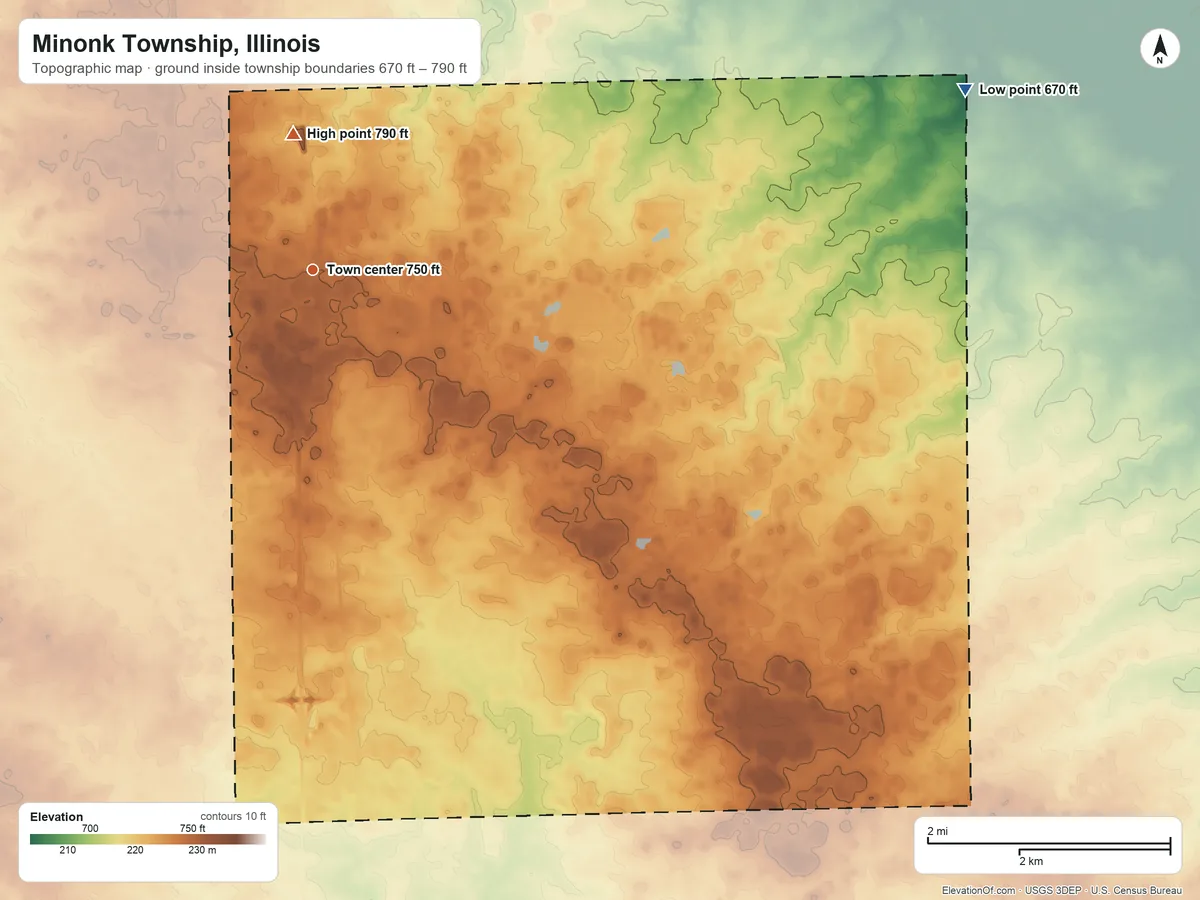 Topographic elevation map of Minonk Township, Illinois, shaded from 670 ft on the east side to 790 ft on the north side