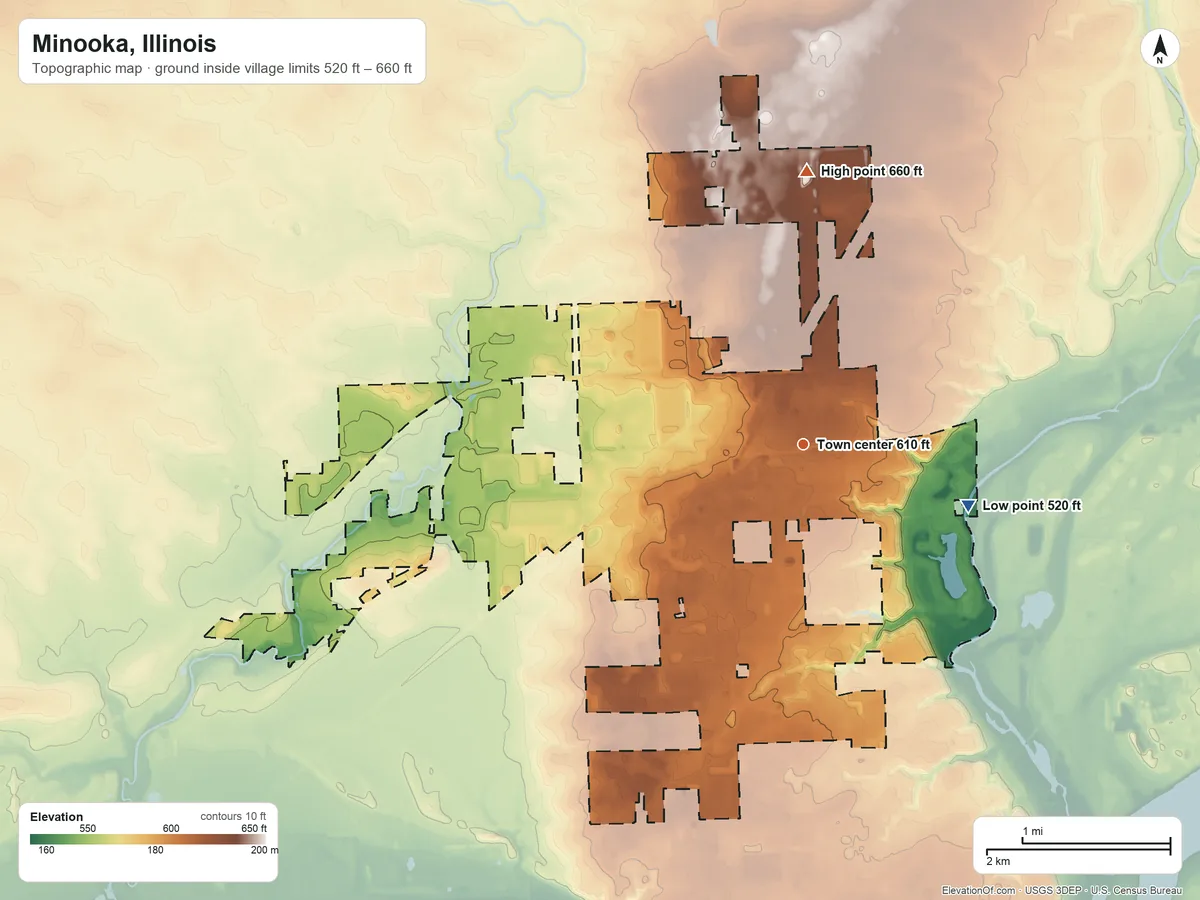 Topographic elevation map of Minooka, Illinois, shaded from 520 ft on the east side to 660 ft on the north side