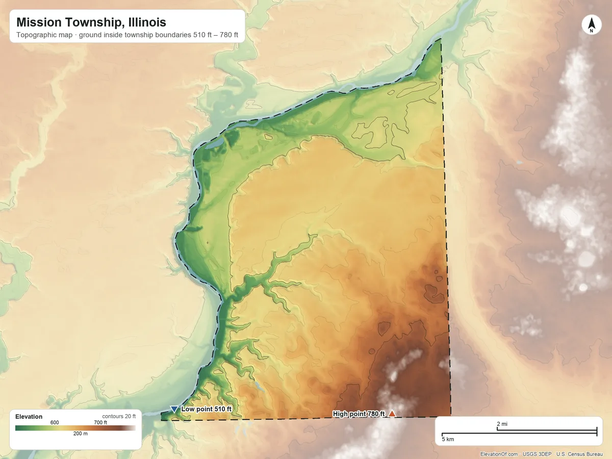 Topographic elevation map of Mission Township, Illinois, shaded from 510 ft on the southwest side to 780 ft on the southeast side