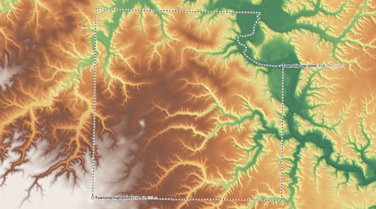 Topographic elevation map of Missouri Township, Illinois, shaded from 450 ft on the northeast side to 740 ft on the southwest side