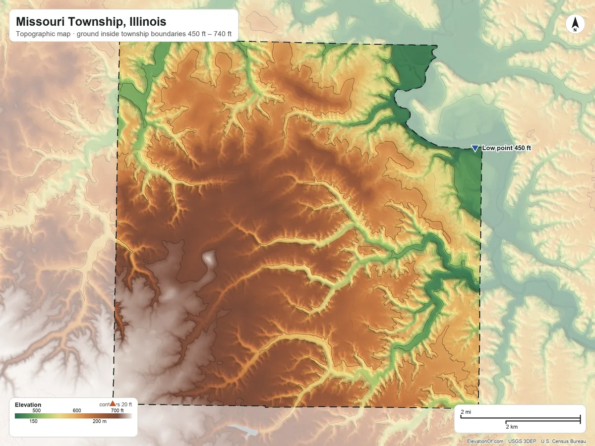 Topographic elevation map of Missouri Township, Illinois, shaded from 450 ft on the northeast side to 740 ft on the southwest side