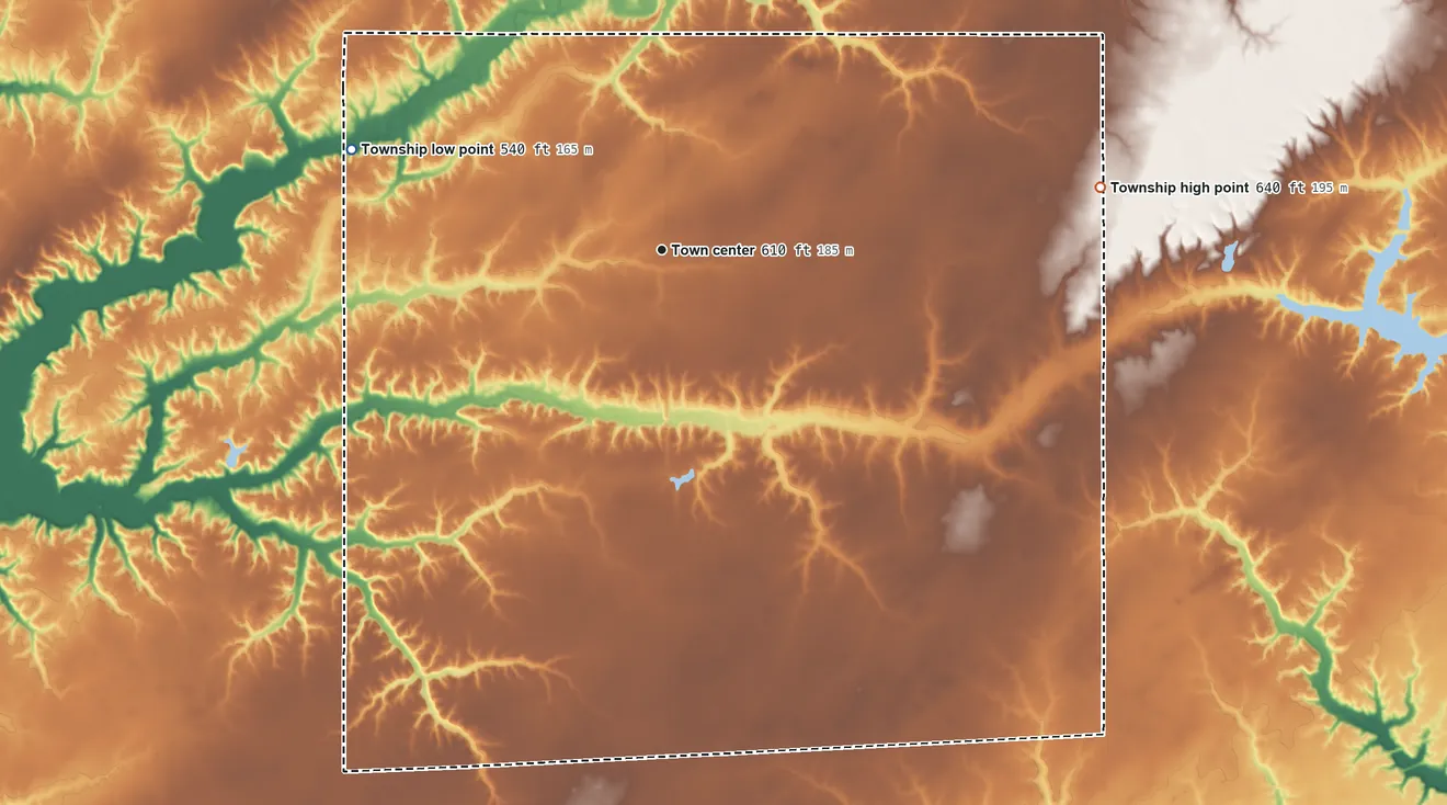 Topographic elevation map of Moccasin Township, Illinois, shaded from 540 ft on the west side to 640 ft on the east side