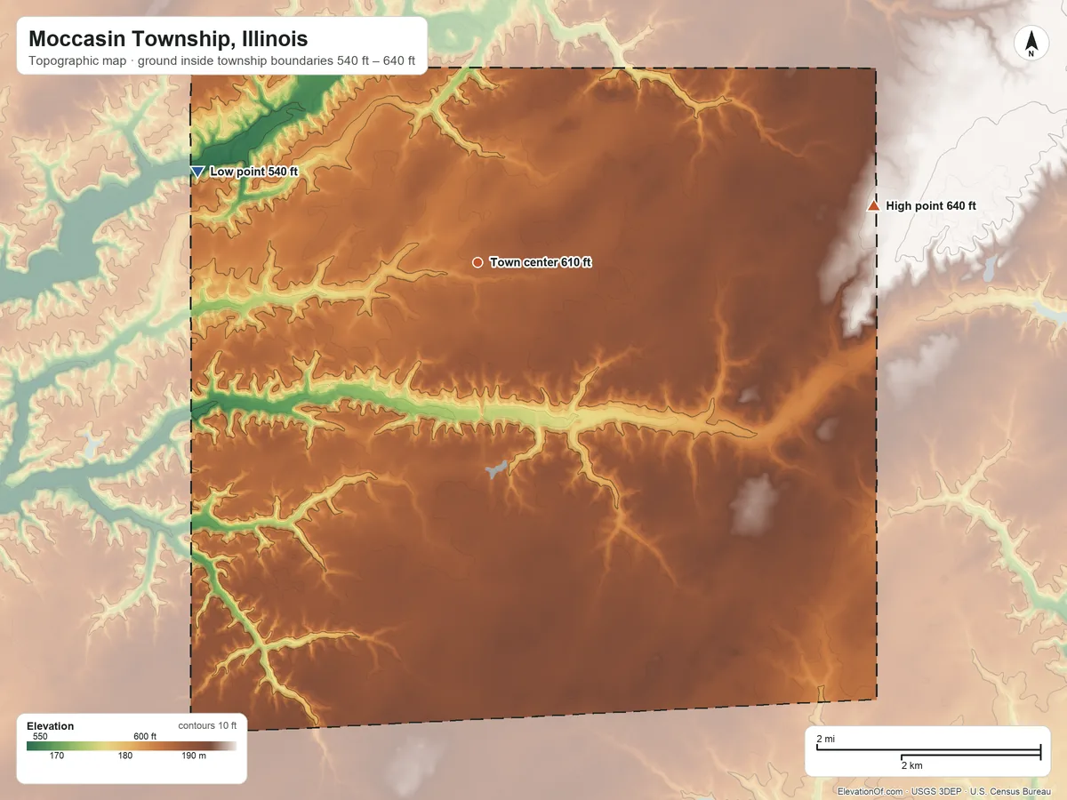 Topographic elevation map of Moccasin Township, Illinois, shaded from 540 ft on the west side to 640 ft on the east side