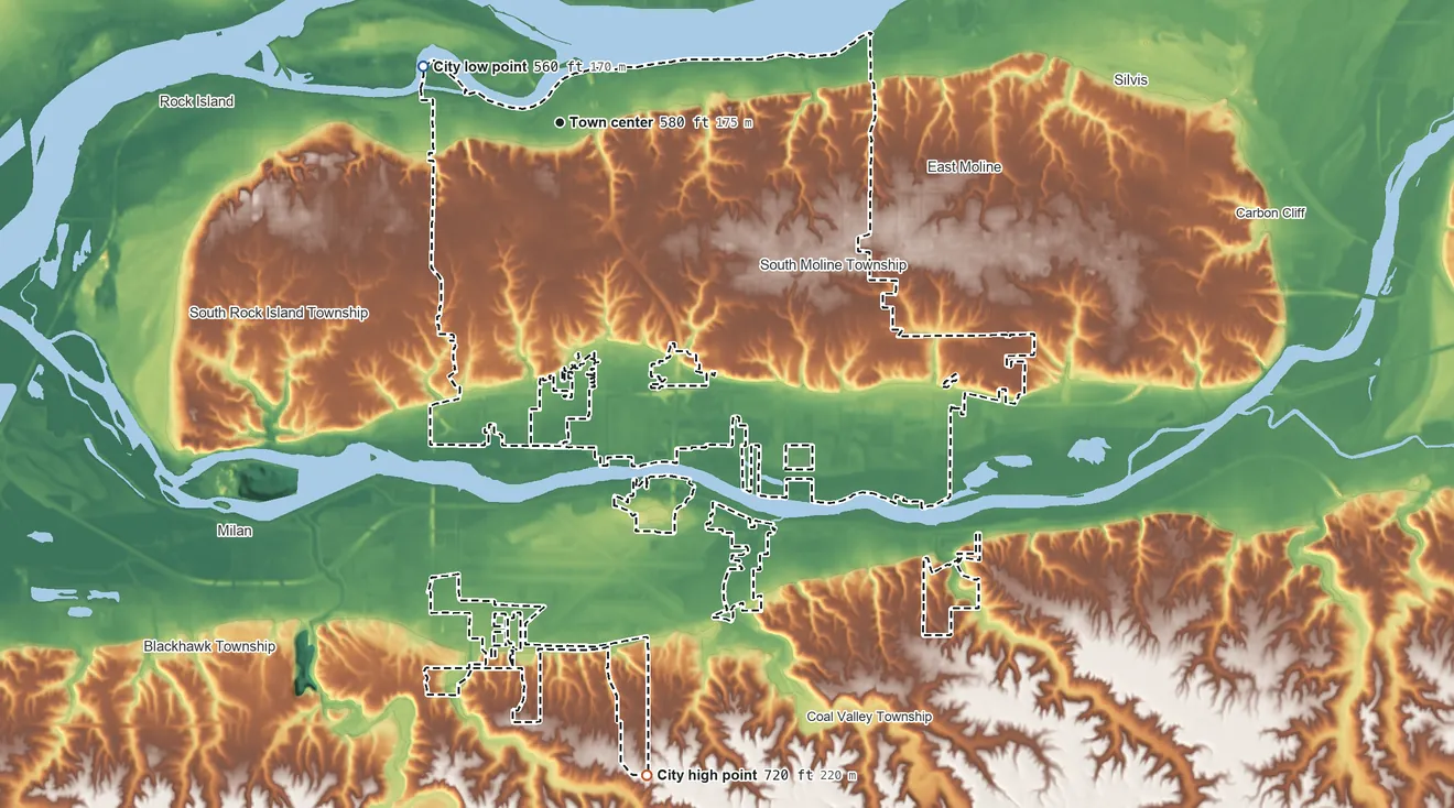 Topographic elevation map of Moline, Illinois, shaded from 560 ft on the west side to 720 ft on the south side