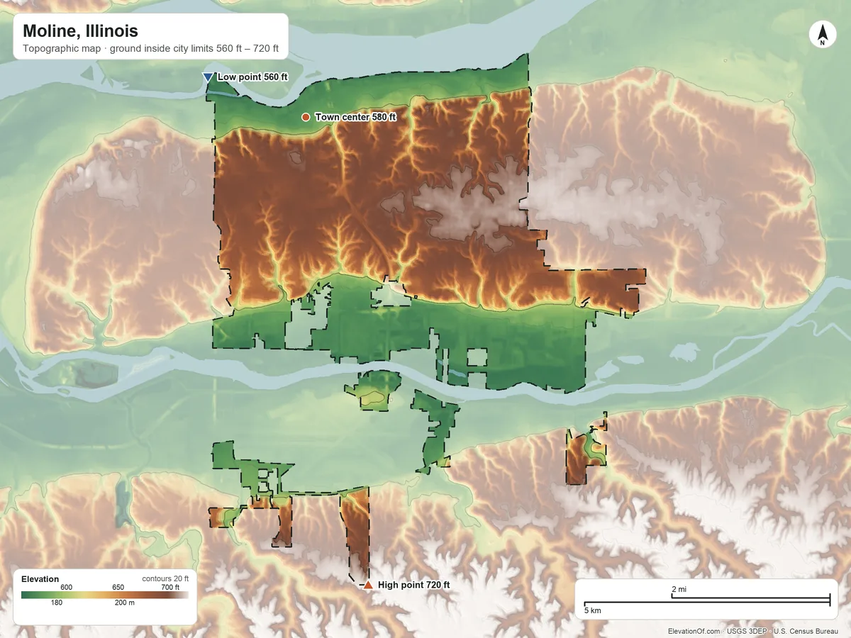 Topographic elevation map of Moline, Illinois, shaded from 560 ft on the west side to 720 ft on the south side