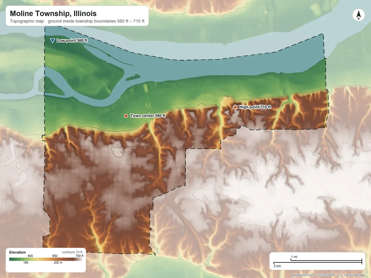 Topographic elevation map of Moline Township, Illinois, shaded from 560 ft on the northwest side to 710 ft on the east side
