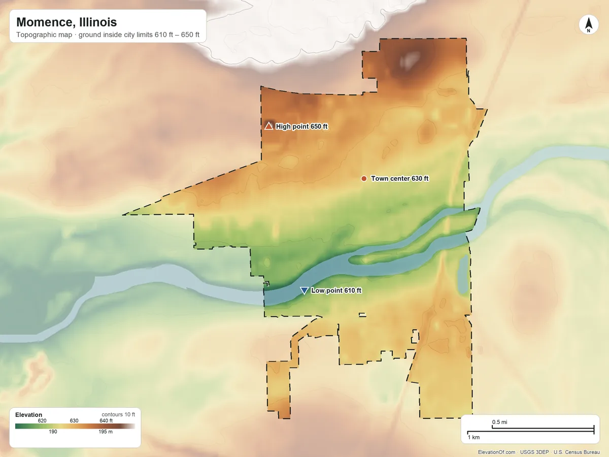 Topographic elevation map of Momence, Illinois, shaded from 610 ft on the southwest side to 650 ft on the northwest side