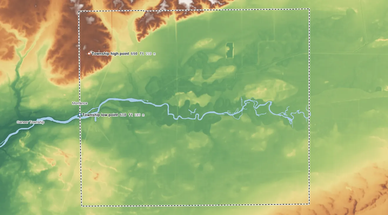 Topographic elevation map of Momence Township, Illinois, shaded from 610 ft on the west side to 690 ft on the northwest side